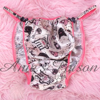Satin Panties for Men Halloween I put a spell on you kitty PINK Trim 100% polyester SATIN string bikini panties Ania's poison Cut