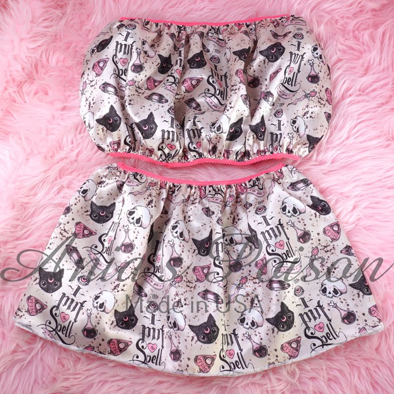 Spell Cat Halloween Print Ania's Poison Sissy men's SATIN wetlook matching 100% polyester silky soft Bandeau Bra and/or mini Skirt OS