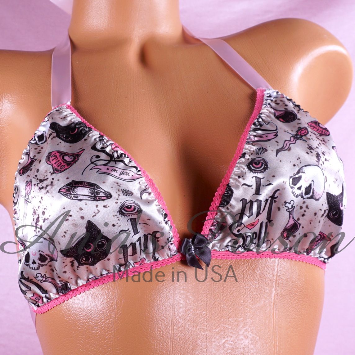 Halloween Pink Kitty Cat Spell pring Triangle SATIN tie up halter triangle OS bra