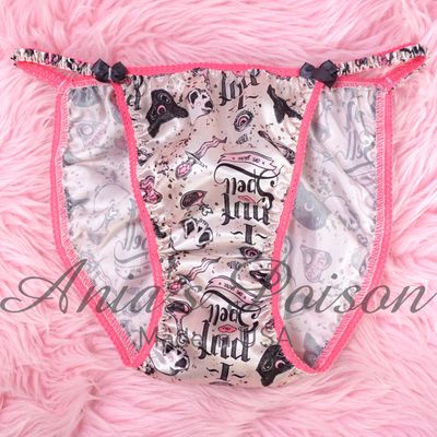 Halloween Lace Duchess Classic 80's cut I put a spell on you kitty Pink satin wet look ladies string bikini panties sz 5 6 7 8 9