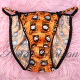 Halloween Lace Duchess Classic 80's cut KITTY CAT satin wet look ladies string bikini panties sz  6 7 8