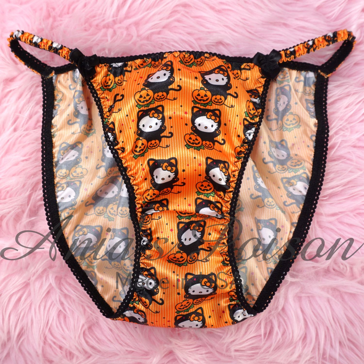 Halloween Lace Duchess Classic 80's cut KITTY CAT satin wet look ladies string bikini panties sz  6 7 8