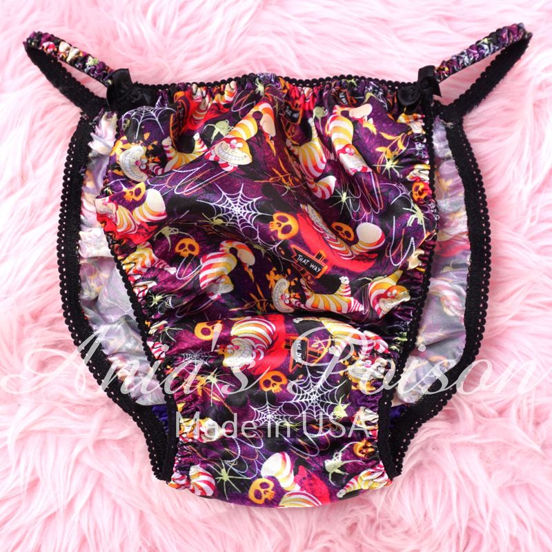 SALE Halloween Print Cheshire Cat Spiders Skulls 100% polyester SATIN string bikini sissy mens underwear panties