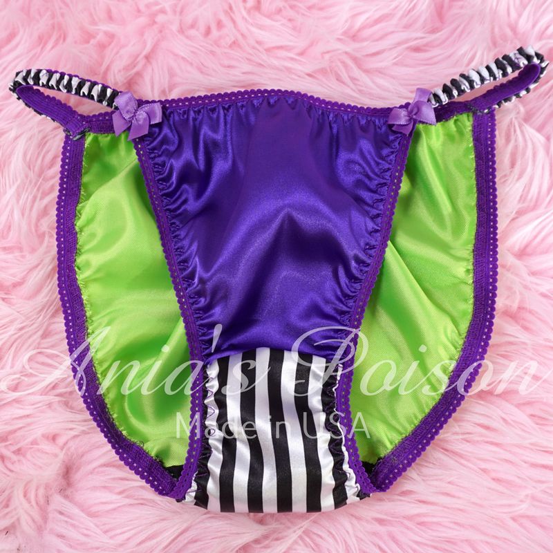 Halloween Lace Duchess Classic 80's cut LIMITED EDITION Beetlejuice satin wet look ladies string bikini panties sz  5 6 7 8 9