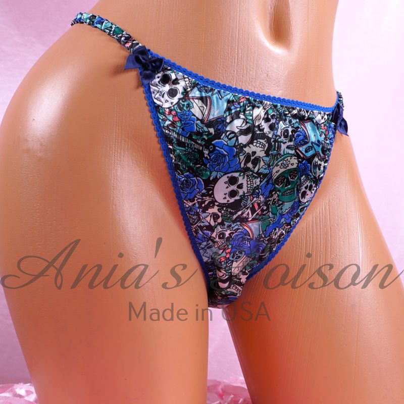 Halloween Lace Duchess Classic 80's cut Blue Skulls satin wet look ladies string bikini panties sz  5 6 7 8 9