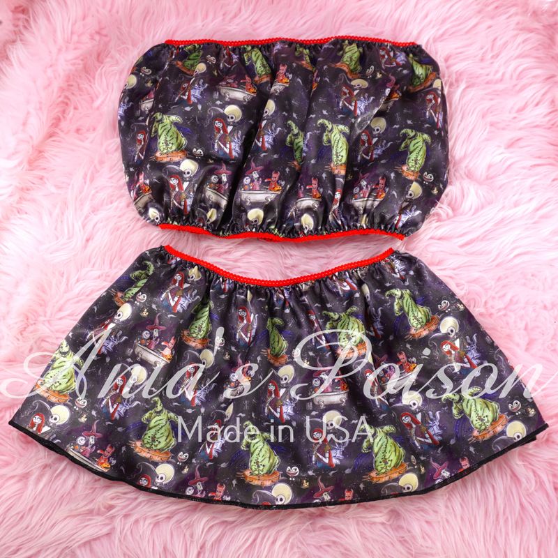 jack and Sally Halloween Print Ania's Poison Sissy men's SATIN wetlook matching 100% polyester silky soft Bandeau Bra and/or mini Skirt OS jack and Sally Halloween Print Ania's Poison Sissy men's SATIN wetlook matching 100% polyester silky soft Bandeau Bra and/or mini Skirt OS