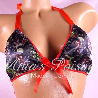 Halloween Jack and Sally satin Triangle SATIN tie up halter triangle OS bra