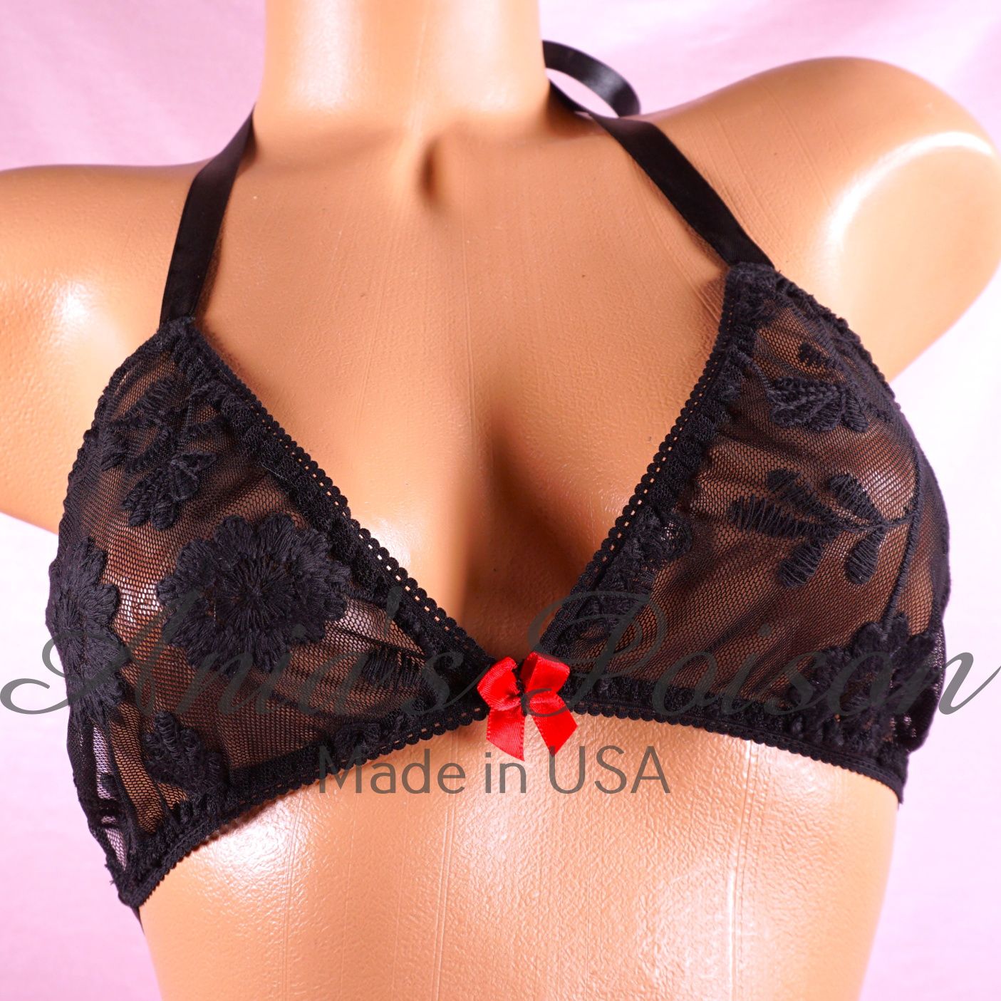 Halloween Black sheer Lace mesh Triangle SATIN tie up halter triangle OS bra