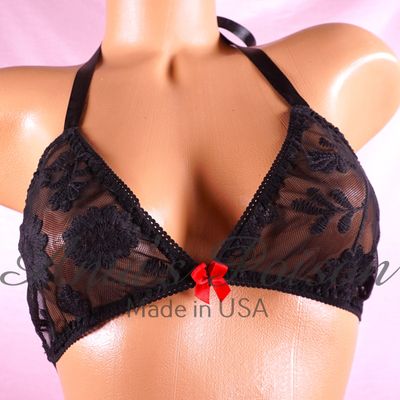 Halloween Black sheer Lace mesh Triangle SATIN tie up halter triangle OS bra