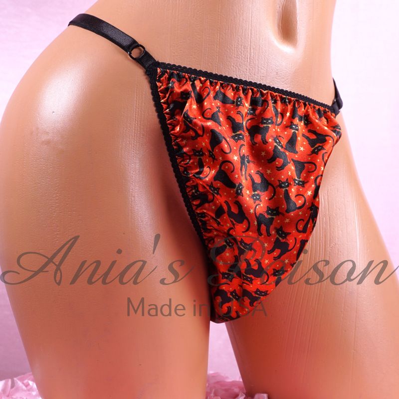 Halloween Cats NEW sissy men's soft shiny vintage Triangle T thong panties ADJUSTABLE sides underwear panties