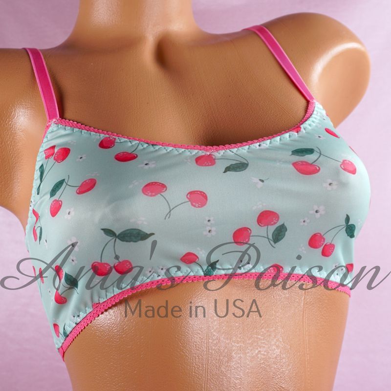 Teal Cherry Print Stretch Spandex BRA! size S/M or L/XL or XXL