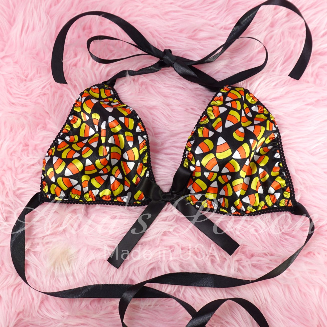 Halloween Candy Corn satin Triangle SATIN tie up halter triangle OS bra