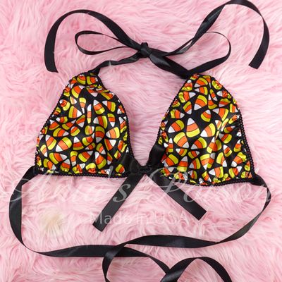 Halloween Candy Corn satin Triangle SATIN tie up halter triangle OS bra