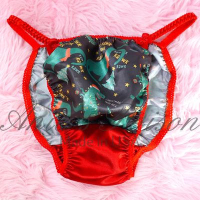 Christmas Ania's Poison sissy MENS SATIN Tree-Rex Santa Dino wet look Mens holiday panties sz M-XL