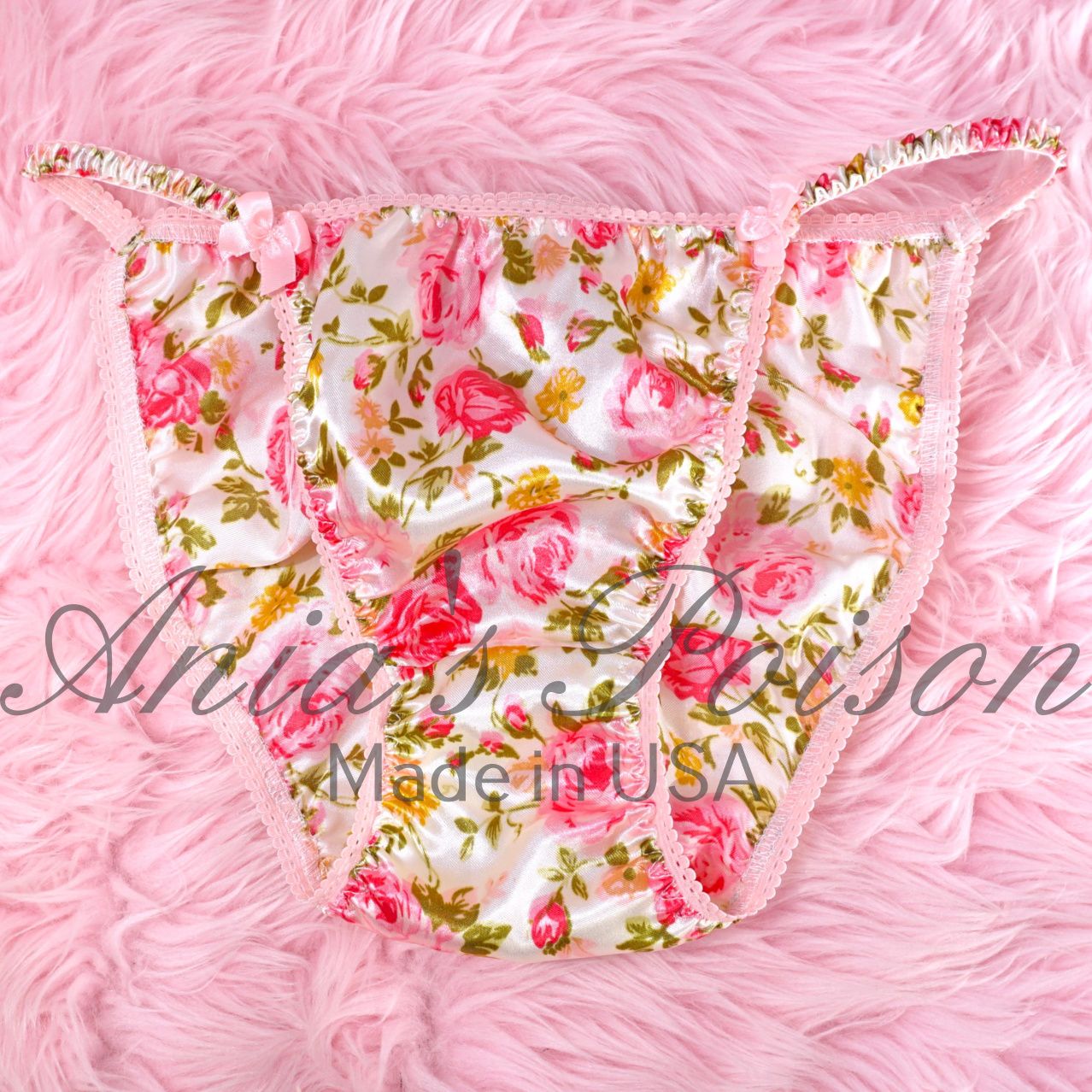 Lace Duchess Classic 80's cut satin Floral Roses print pink panties sz 5 6 7 8