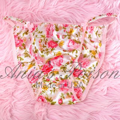 Lace Duchess Classic 80's cut satin Floral Roses print pink panties sz 5 6 7 8