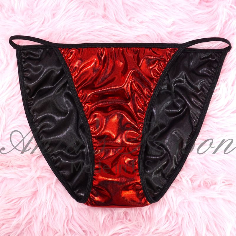 Lace Duchess Classic 80's cut RED Black Foil satin super high gloss wet look panties sz 7 only