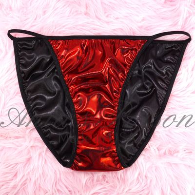 Lace Duchess Classic 80's cut RED Black Foil satin super high gloss wet look panties sz 7 only