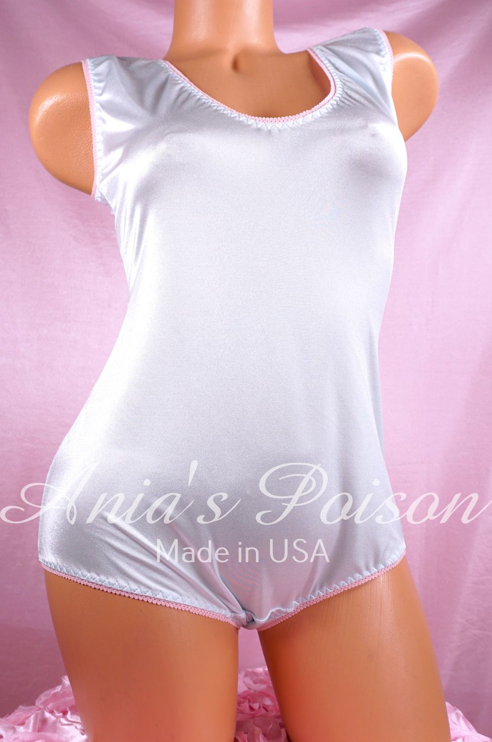 Super Stretchy unisex Spandex 4 way stretch Romper Teddy onesie with mushroom gusset. Smooth Satin! Baby Ice Blue