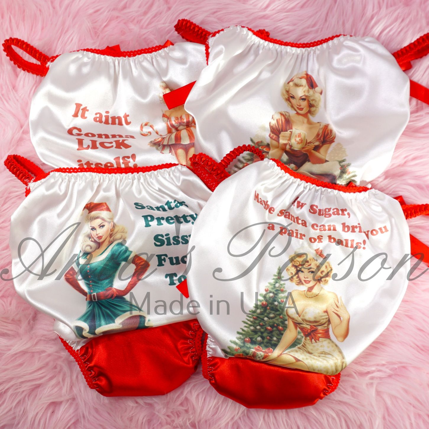 Sissy SATIN Humiliation Pin-ups Christmas Panties shiny wetlook naughty BACK print Red white Ladies or MENS panties!