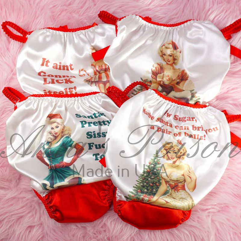 Sissy SATIN Humiliation Pin-ups Christmas Panties shiny wetlook naughty BACK print Red white Ladies or MENS panties!