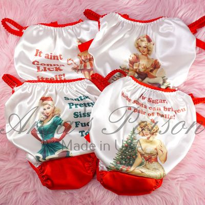Sissy SATIN Humiliation Pin-ups Christmas Panties shiny wetlook naughty BACK print Red white Ladies or MENS panties!