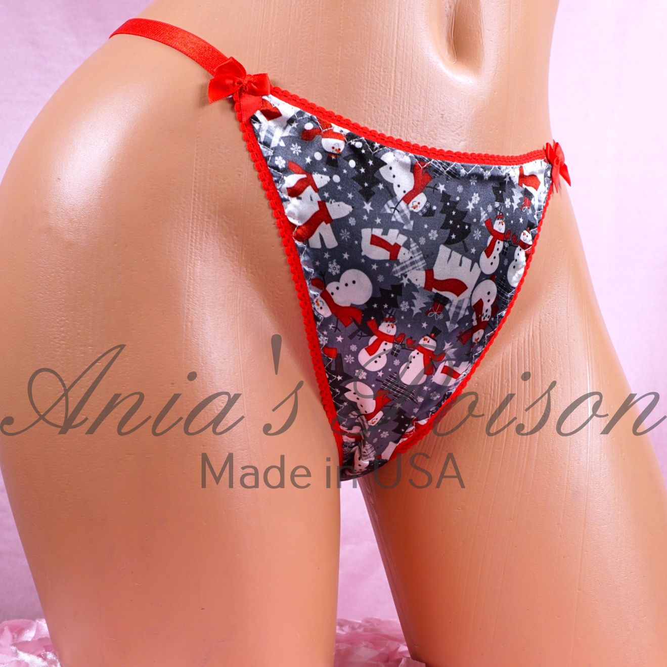 Christmas Snowman Panties SATIN thong  sissy Ladies Triangle T thong panties Shiny sides