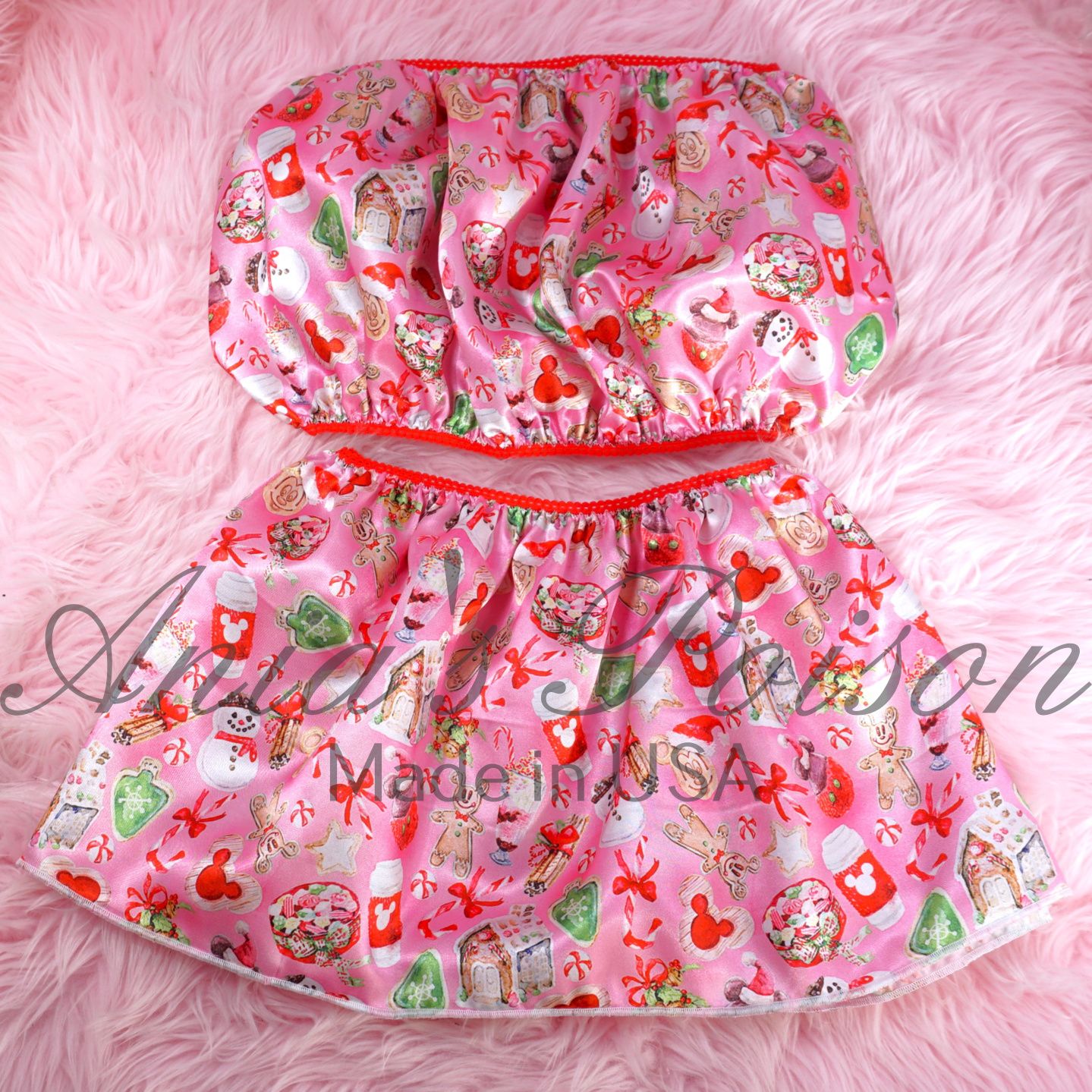 Christmas Pink Treats Ania's Poison Sissy men's SATIN wetlook matching 100% polyester silky soft Bandeau Bra and/or mini Skirt OS