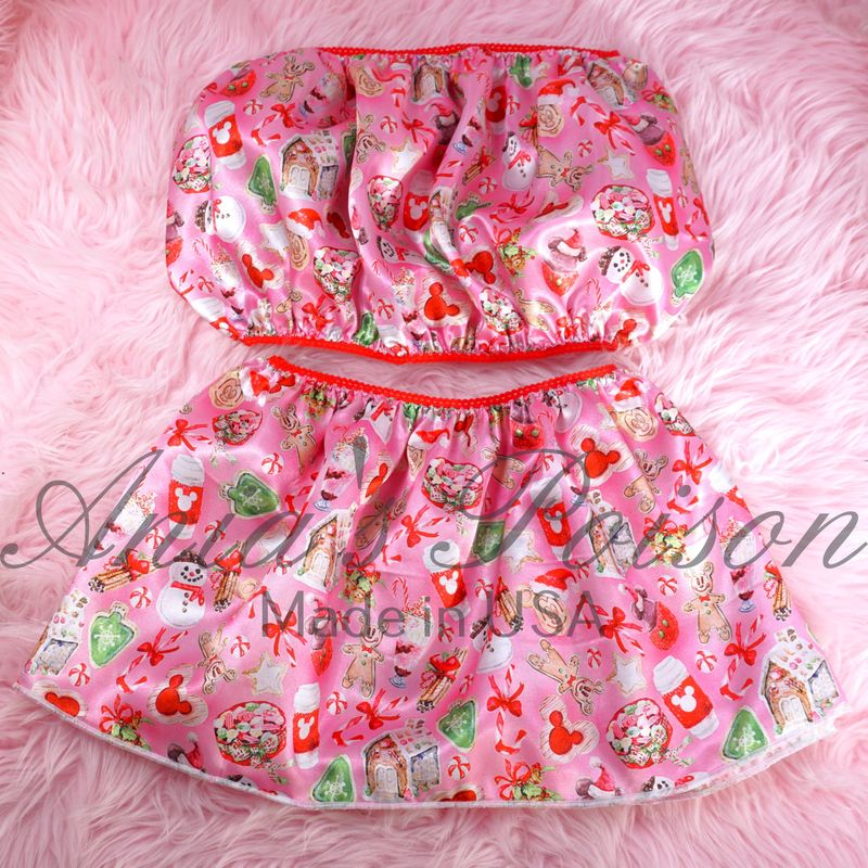 Christmas Pink Treats Ania's Poison Sissy men's SATIN wetlook matching 100% polyester silky soft Bandeau Bra and/or mini Skirt OS