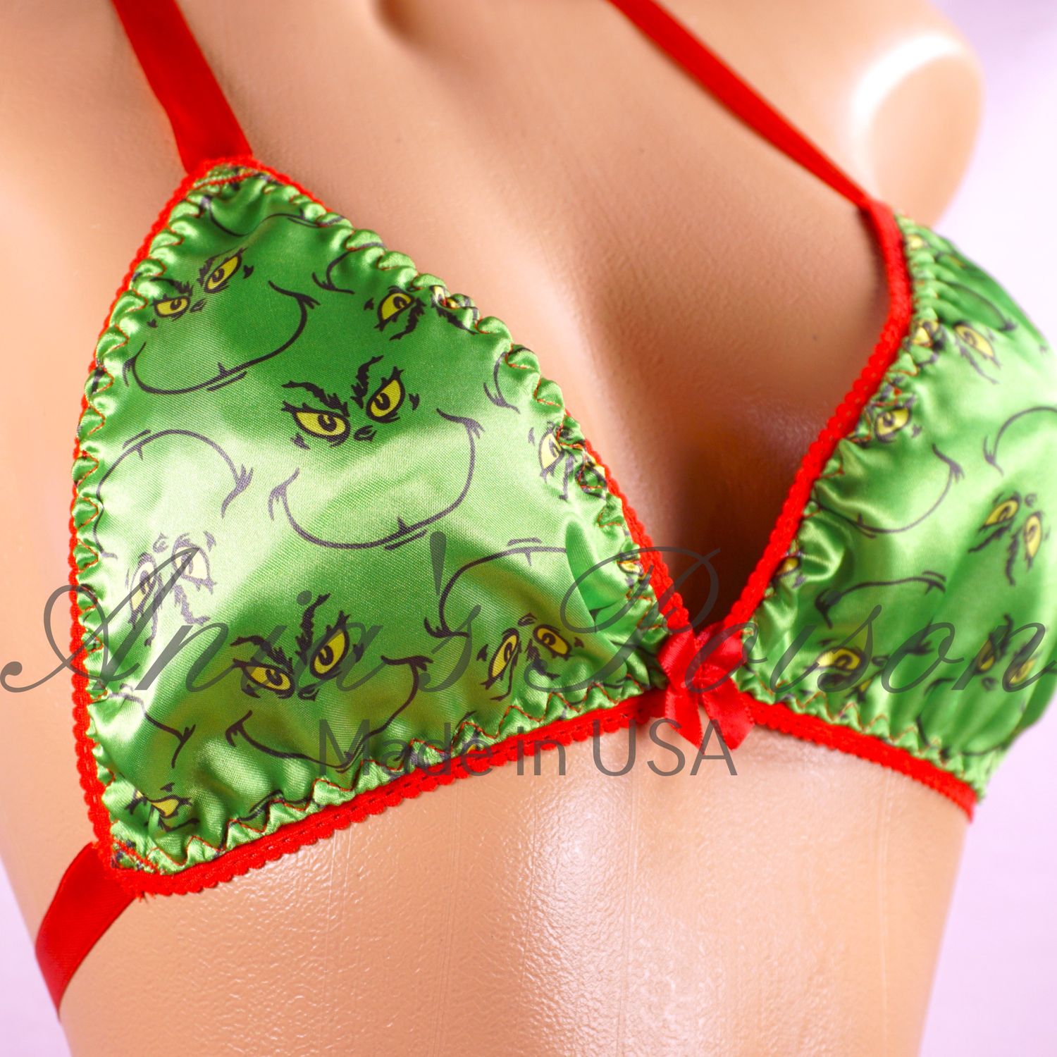 CHRISTMAS Green Grinch Triangle SATIN tie up halter triangle OS bra