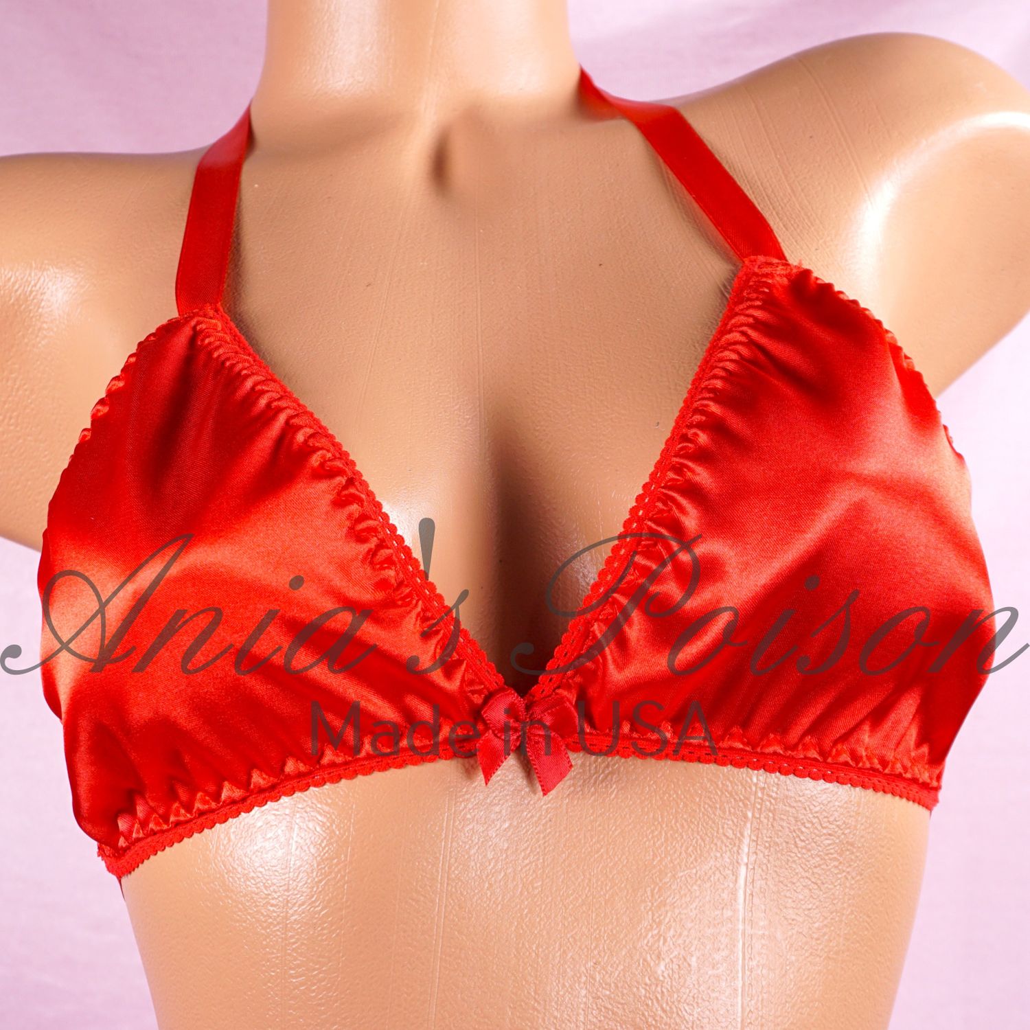 CHRISTMAS Valentines RED Satin Triangle tie up halter triangle OS bra
