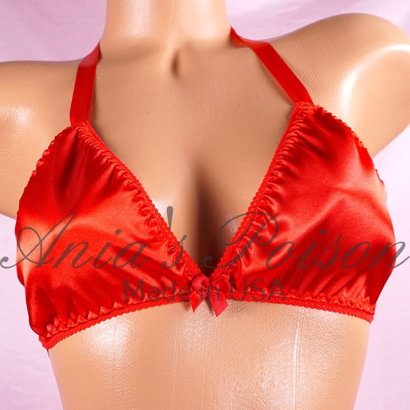 CHRISTMAS Valentines RED Satin Triangle tie up halter triangle OS bra