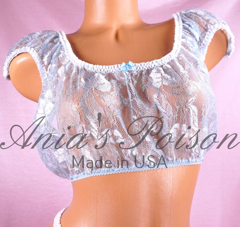 Sheer Blue Sissy Maid Frilly Ruffled OS Bra Crop Top Shirt cosplay Christmas Edition