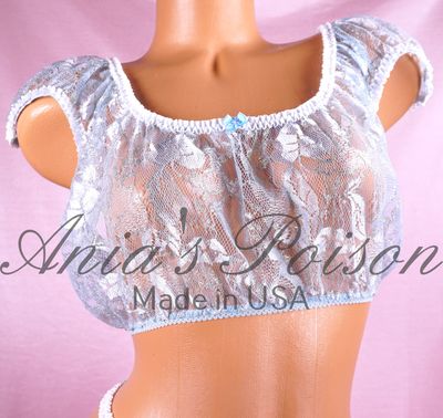 Sheer Blue Sissy Maid Frilly Ruffled OS Bra Crop Top Shirt cosplay Christmas Edition