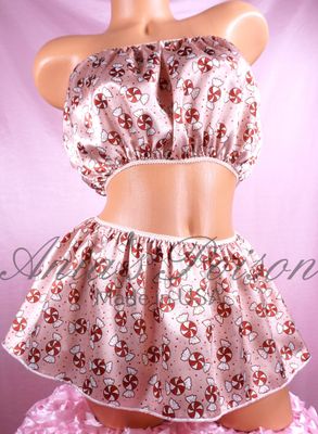 Christmas mint print Ania's Poison Sissy men's SATIN wetlook matching 100% polyester silky soft Bandeau Bra and/or mini Skirt OS