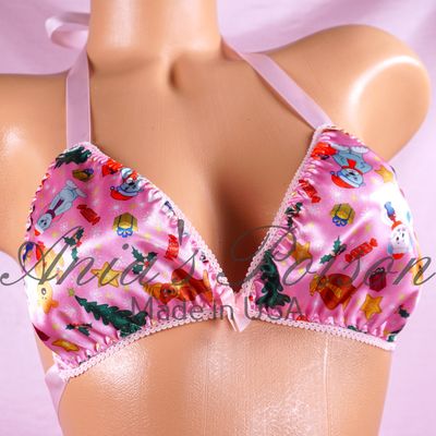 CHRISTMAS Pink Bears Triangle SATIN tie up halter triangle OS bra