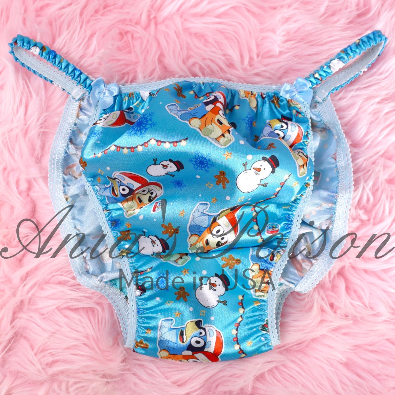 Ania's Poison Christmas BLUE Snowman Winter Ice Print 100% polyester silky soft string bikini sissy mens underwear panties