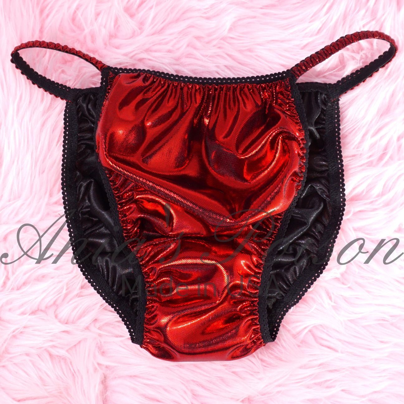 Foil RED Satin High Gloss metallic shiny WETLOOK string bikini sissy mens Dancer exotic panties / bra/ skirt