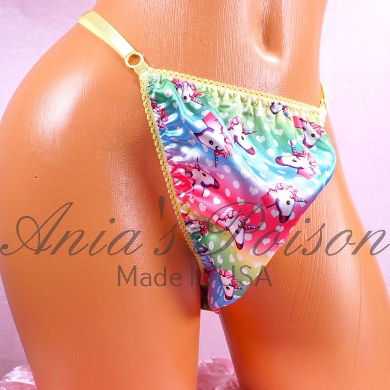 Satin Valentines Day sissy men's soft shiny Triangle T thong Hearts Unicorn panties ADJUSTABLE sides underwear panties