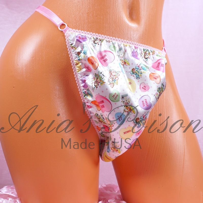 Satin Valentines Day sissy men's soft shiny Triangle T thong White Conversation Hearts panties ADJUSTABLE sides underwear panties