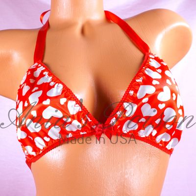 Valentines Day Red White Hearts Triangle SATIN tie up halter triangle OS bra