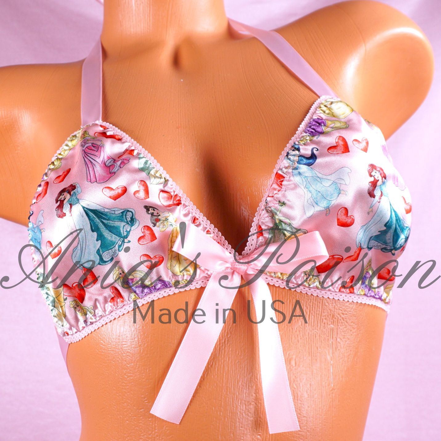 Valentines Day Princess hearts pink Triangle SATIN tie up halter triangle OS bra