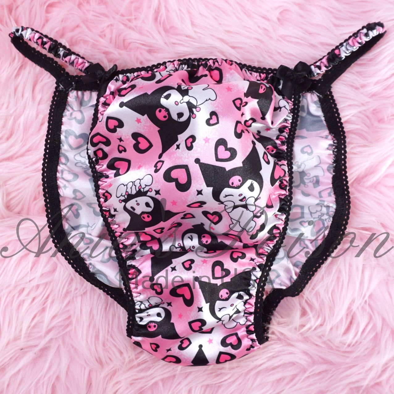 Anime Kitty Cat Ania's Poison Cut sissy MENS SATIN Beautiful Shiny Silky wet look Mens Pink  Black string Bikini panties S-Xl