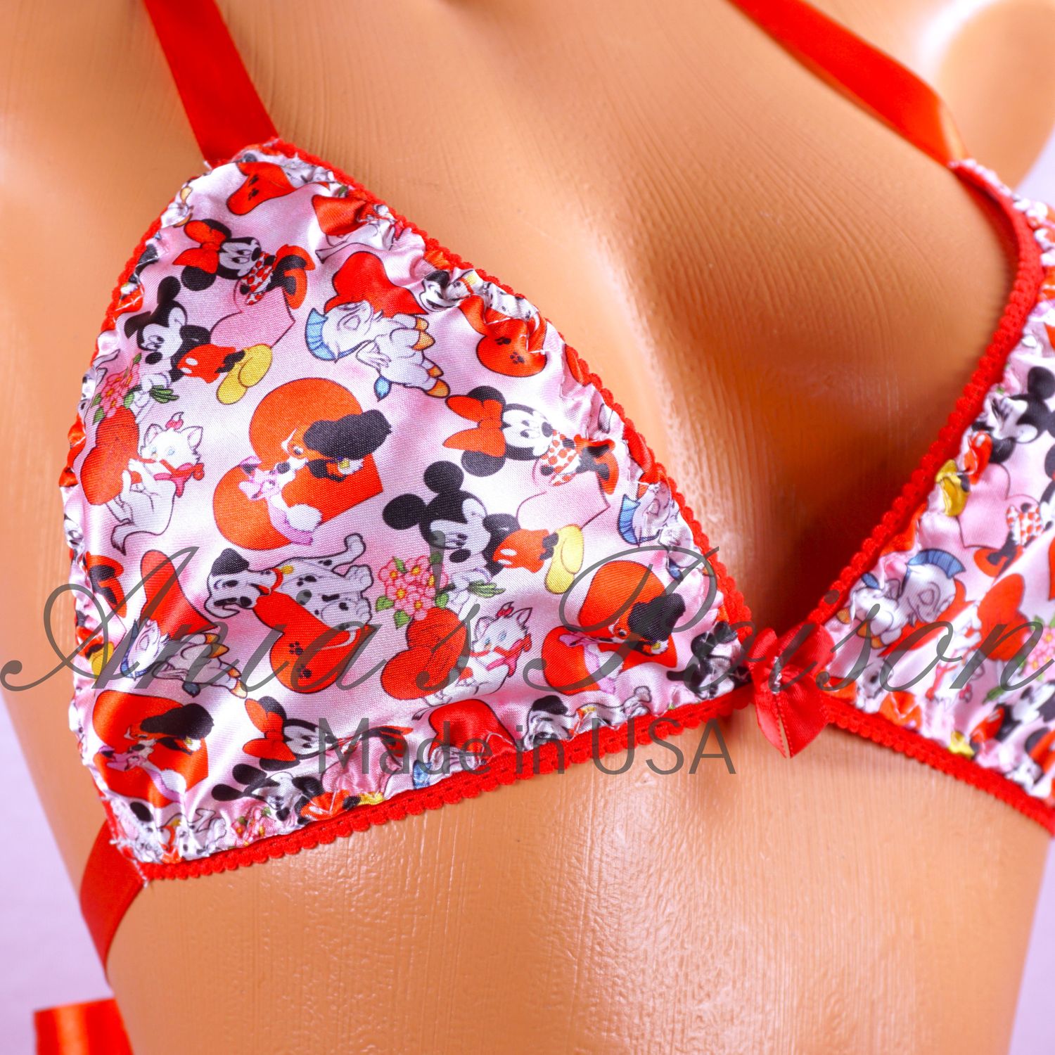 Valentines Day dalmatians puppies hearts pink Triangle SATIN tie up halter triangle OS bra