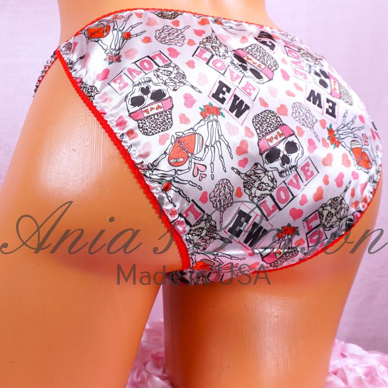 Lace Duchess Classic 80's cut LOVE IS DEAD EW Valentines Day RARE print satin wet look Vintage Style panties 5 6 7 8 9