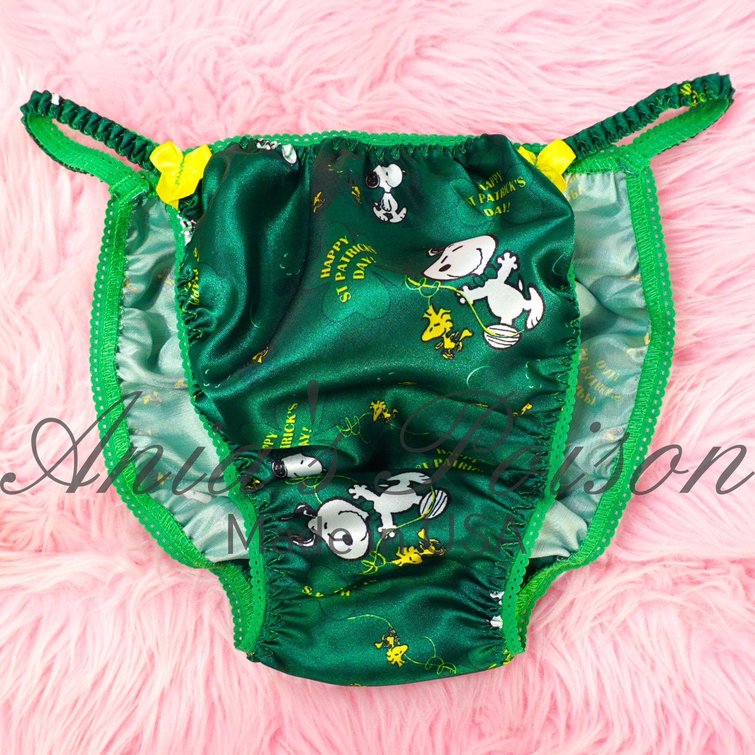 St. Patrick's Day Snoopy Ania's Poison Cut sissy MENS SATIN Beautiful Shiny Silky wet look Mens holiday string Bikini panties