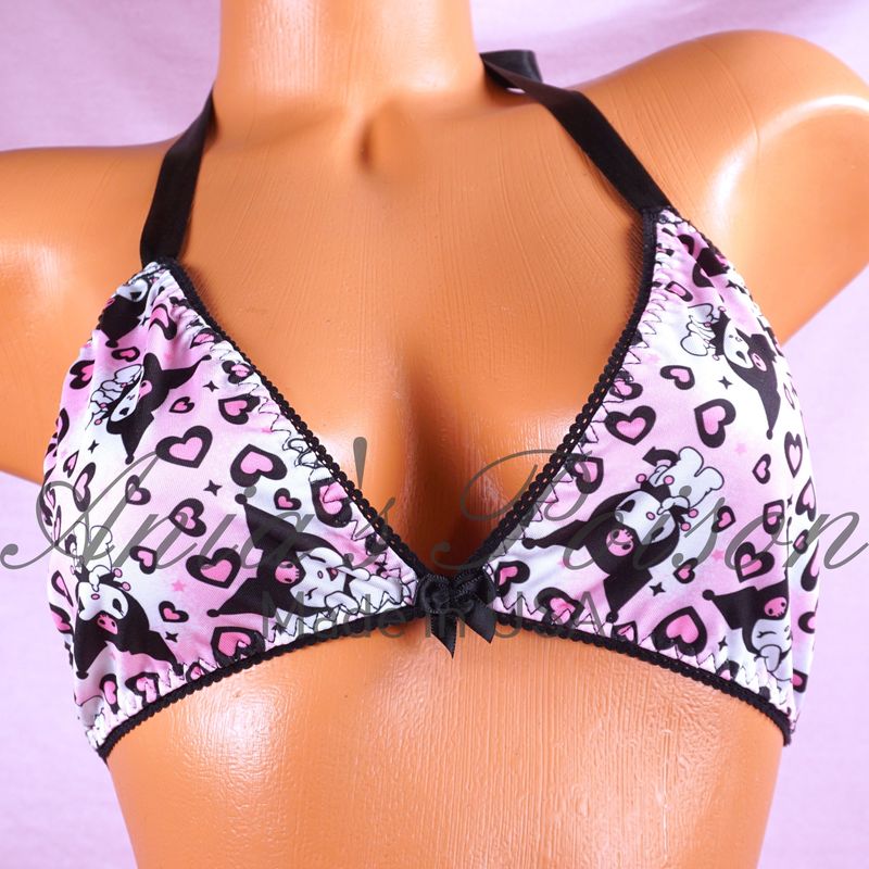 Valentines Day Spandex Naughty Kitty pink Triangle stretch tie up halter triangle OS bra