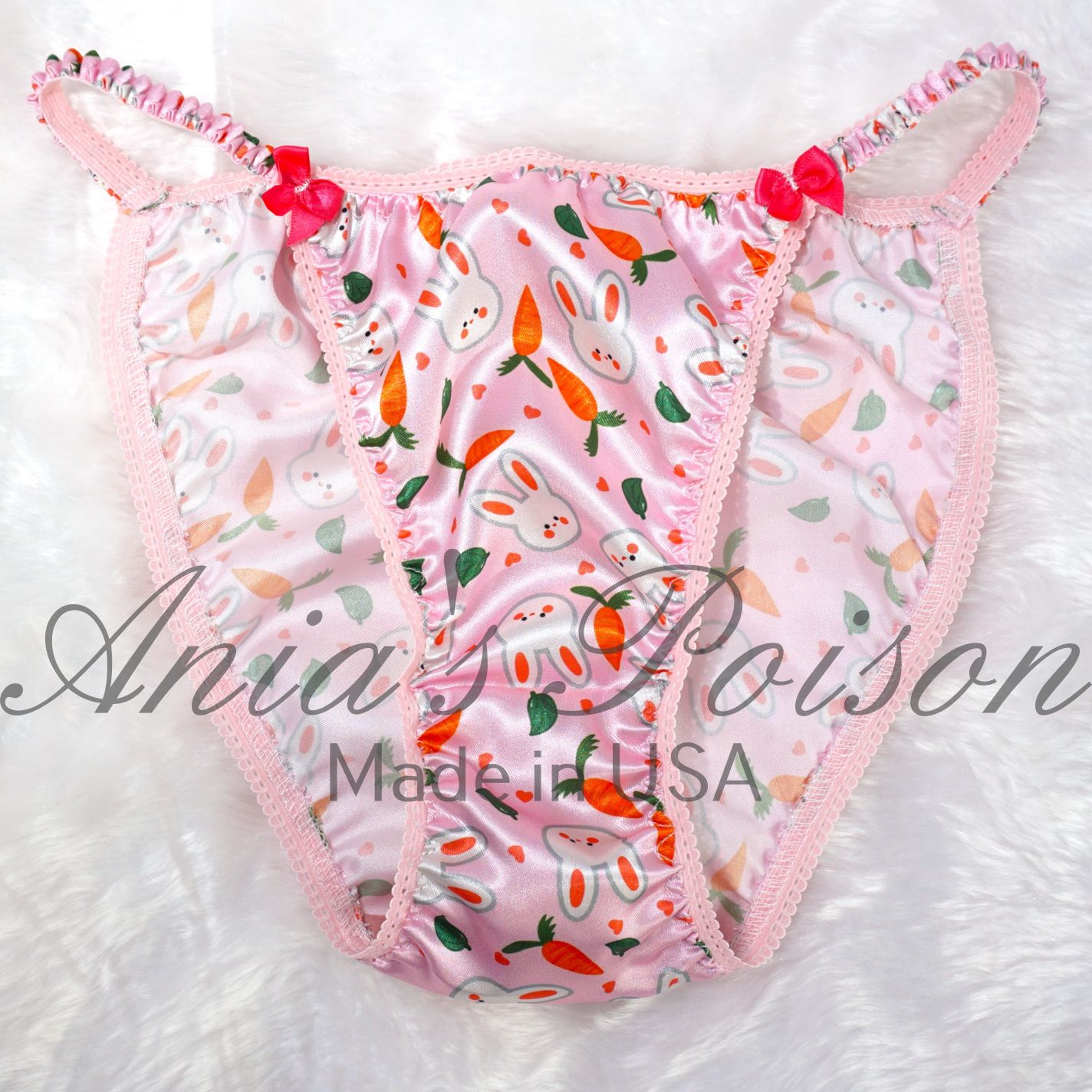 Lace Duchess Classic 80's cut EASTER Baby Pink Bunny Print Spring satin panties - String bikini 6 7 8