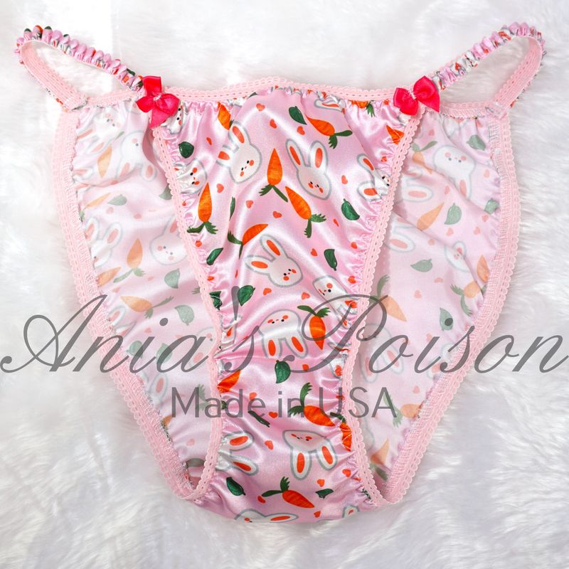 Lace Duchess Classic 80's cut EASTER Baby Pink Bunny Print Spring satin panties - String bikini 6 7 8