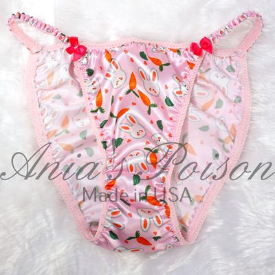 Lace Duchess Classic 80's cut EASTER Baby Pink Bunny Print Spring satin panties - String bikini 6 7 8